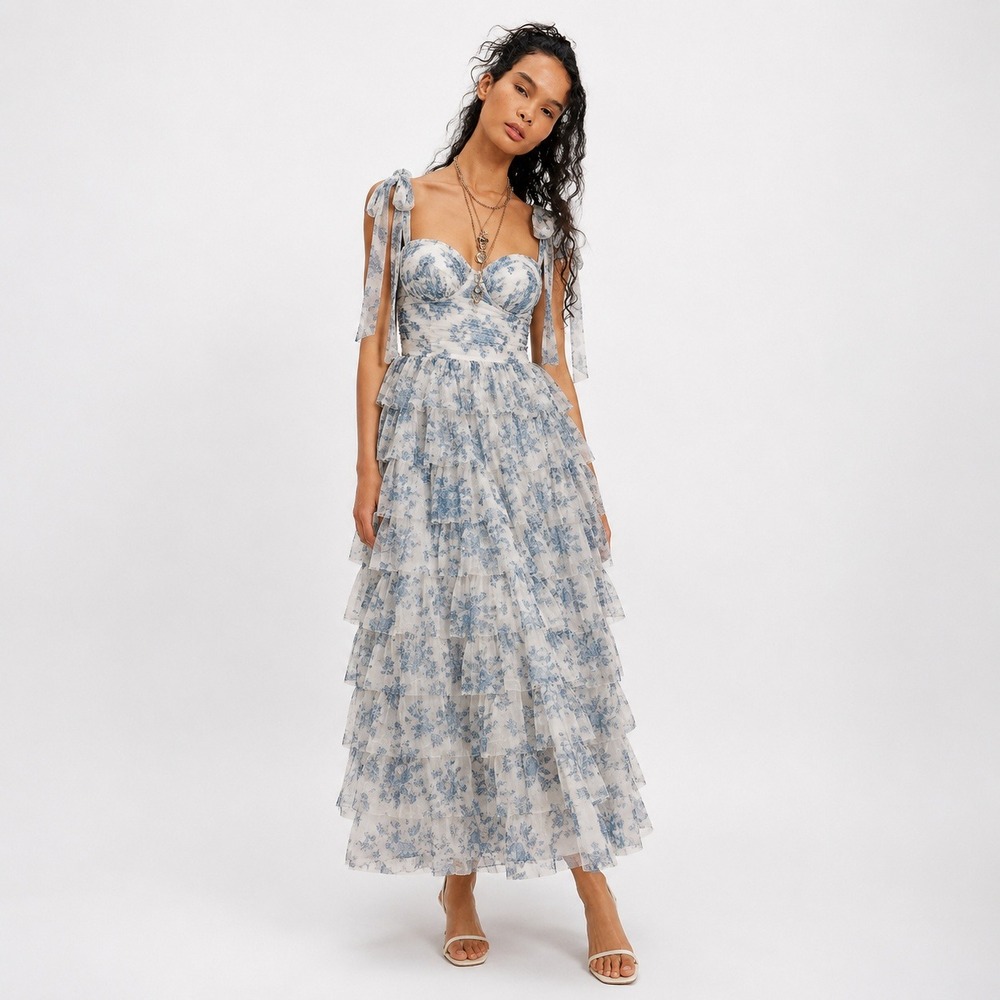 Floral Tiered Maxi Dress Size 7 Blue White Ruffle Cottage Romantic Wedding